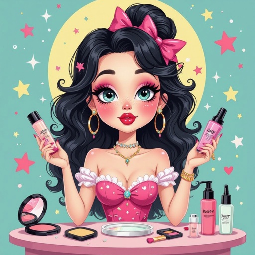 Create a character showing there whole body head to toe, a lady who loves beauty products  