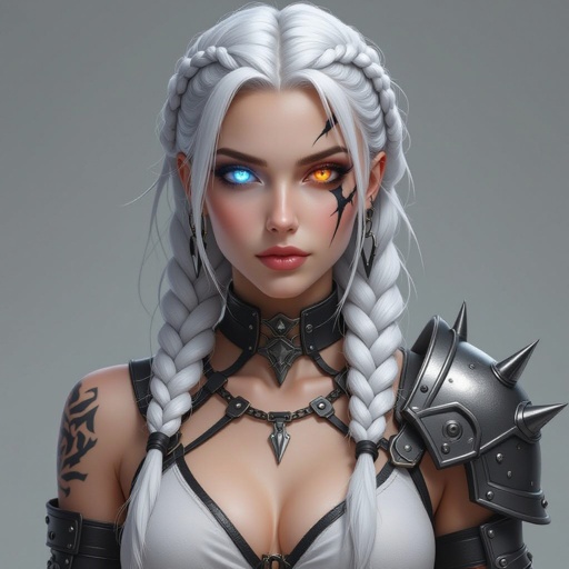 Tall 6,5 woman with sharp features, white mid-length messy braided hair with black streaks. Her right eye is a bright glowing ice blue and her left eye is a bright glowing amber auburn and she had a smooth clean scar through her left eye. She had silver and black scale patches on the right side of her chest that speed up the right side of her neck and part of her face and down part of her right arm. She has heavy metallic arm pieces which fold tiny, black metal spike knives She has metal shoulder plates and guard around her shoulder, but an open chest until her breast (she is fully covered)  