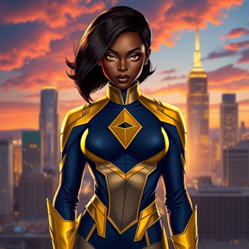 African American female superhero with hair in a shoulder length side part hairstyle with pure Gold Glowing eyes wearing a navy blue and gold suit with navy blue pants and gold knee length boots with a diamond with the top half gold and the bottom half black as her chest emblem in Philadelphia