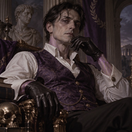 Male, slim, slight eye bags, black messy wavy hair, back hair, brushed side hair, strands of hair in the middle of forehead, ear piercing ring, gloves, purple glowing veins, purple vest, white shirt, no facial hair, bad guy, mid 40s