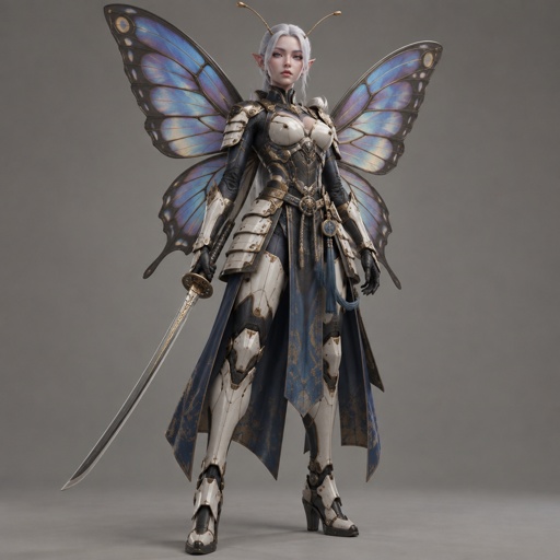 A gorgeous alien butterfly woman in a futuristic space samurai armor. Show whole body. 