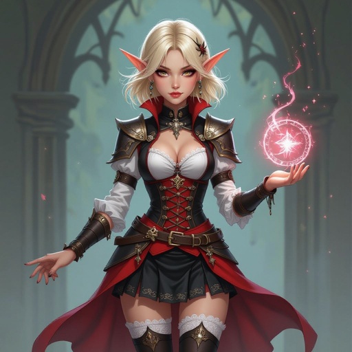 Blonde Pixie Cut High Elf Fantasy Cleric Assassin black and Red mini skirt white lace stockings no armor no magic 
