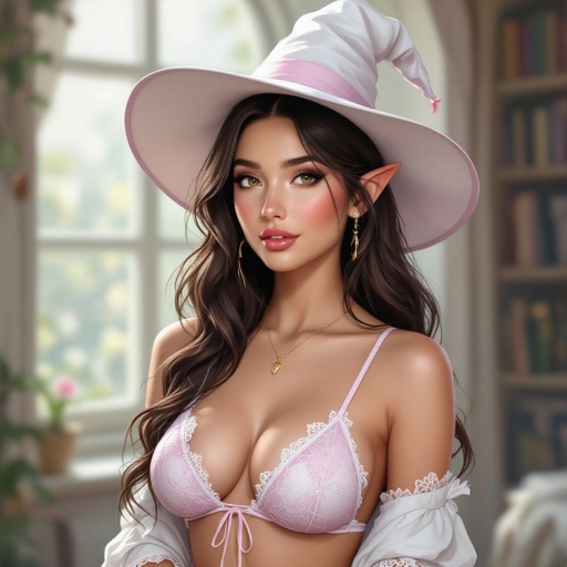 HOT DARK BROWN HAIR ELF WITCH LIBRARIAN IN A WHITE AND PINK LACE TWO PIECE BATHING SUIT AND WITCH HAT. FULL BODY