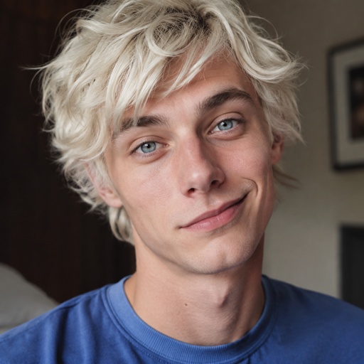 Male, fluffy white hair, big blue eyes, long smile, snobby, wears blue, whiny,