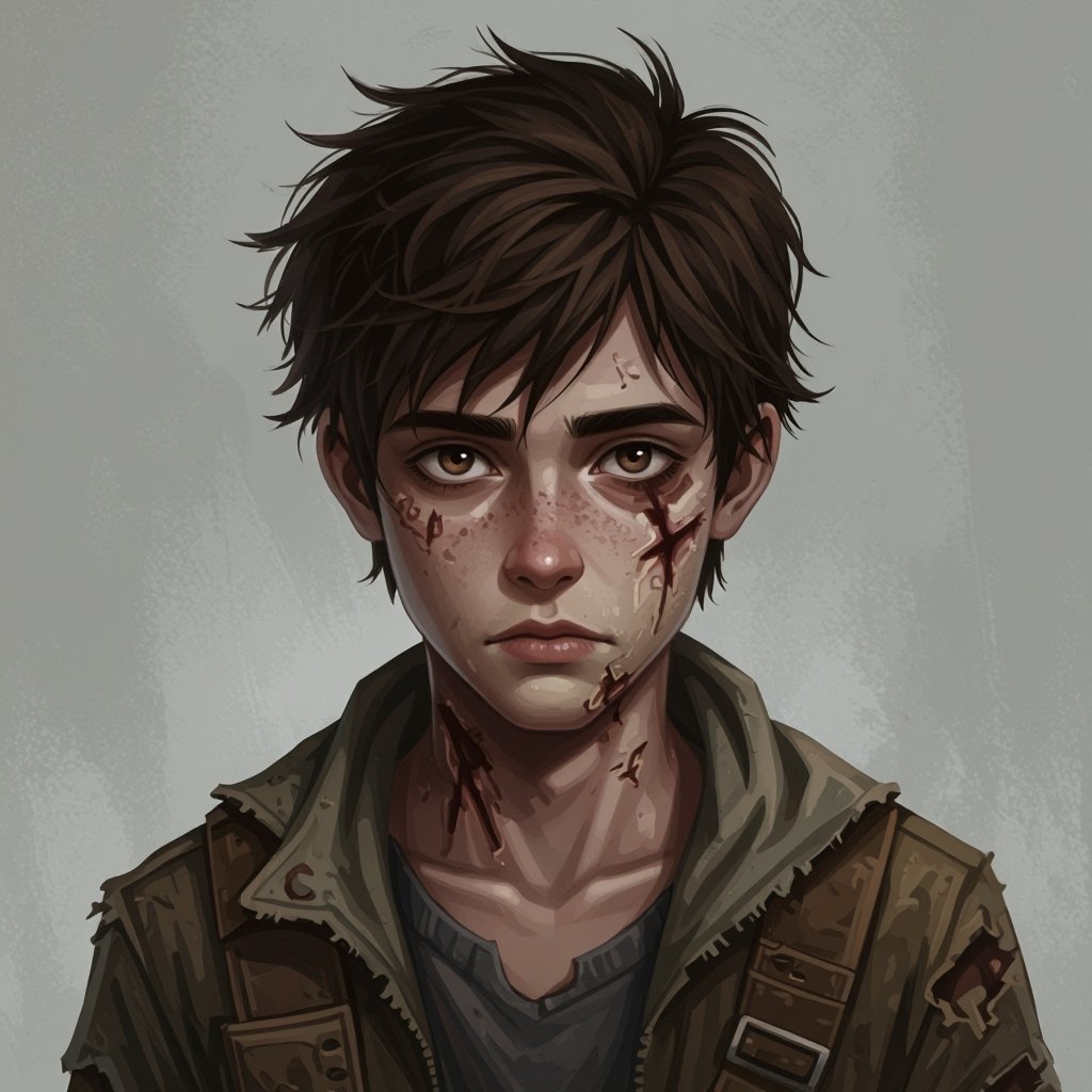 Mysterious teen boy with dark brown hair brown eyes and with a dark past