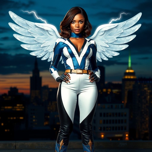 African American female superhero with shoulder length hair in a side part style and wings made of white lightning wearing a slightly homemade white blue and black suit with black pants with a stylized V as her chest emblem wearing blue flat boots made of gold standing in Philadelphia at dusk