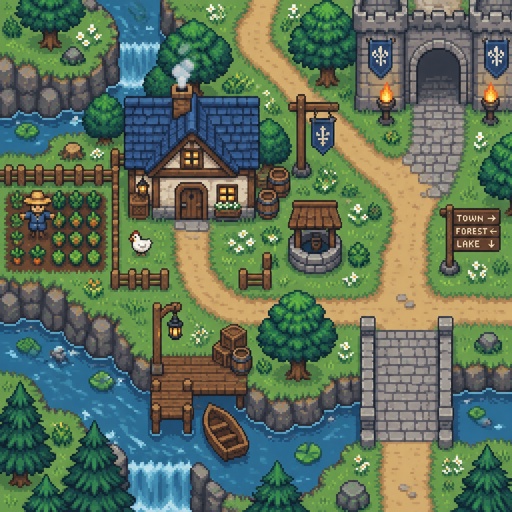 Cozy layout for a modern fantasy game, exterior, top down style
