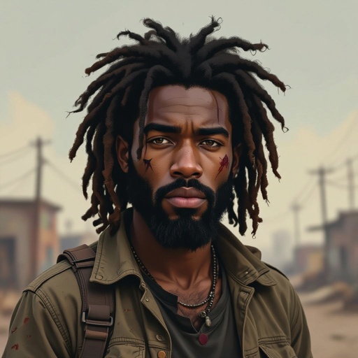 A African American man in his early twenties with a black facial hair and medium long dreads 