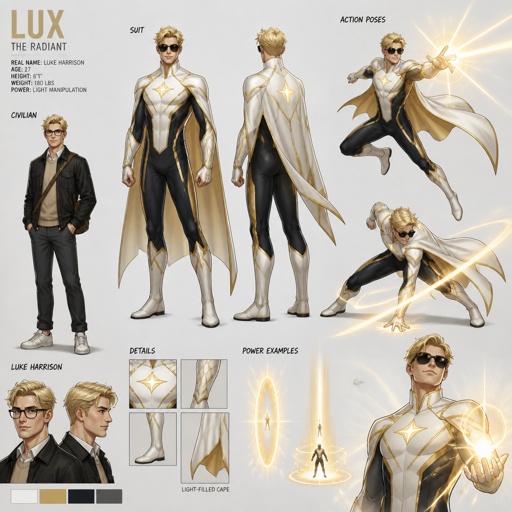 Male superhero with light powers, cool costume, sunglasses, blonde, wears glasses when not a superhero,multiple of the same character 