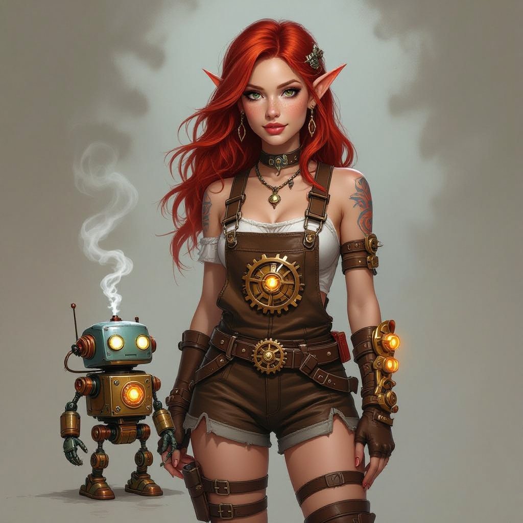 Red Head Half Elf Female Artificer in small leather short overalls with Tiny Robot Construct