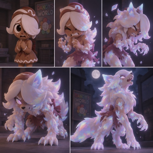 Ginger from dandy’s world turning into a opalite werewolf 