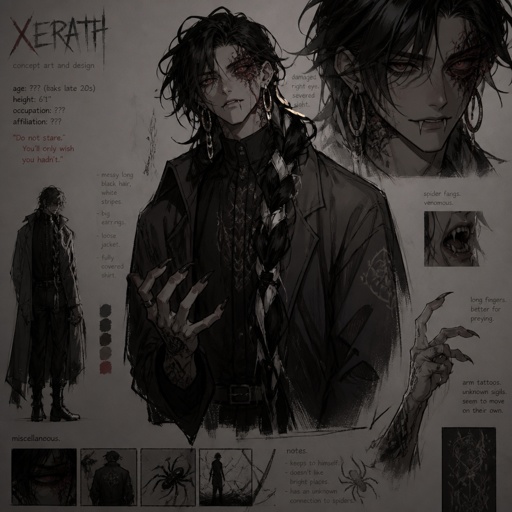 Anime male,hair messy long braided black hair with white stripes,clean shaven,highly skilled,in late 20s,migraines,sarcastic,red glowing eyes,one eye is severely damaged,serious face,been experiment on for many years until finally found and rescued ,has power of a spider and control spiders make traps poison and crawl on walls and ceiling dangerous,glasses,wears a loose jacket a nice fully covered shirt ,loves spiders, nice big earrings,tattoos on arms that means arachnid and on left arm tattoo that says sub 389,helps people but on his terms,doesn't remember anything from his past except the experiments, long scary fingers, spider fangs, traumatized,special agency is keeping an eye on him 