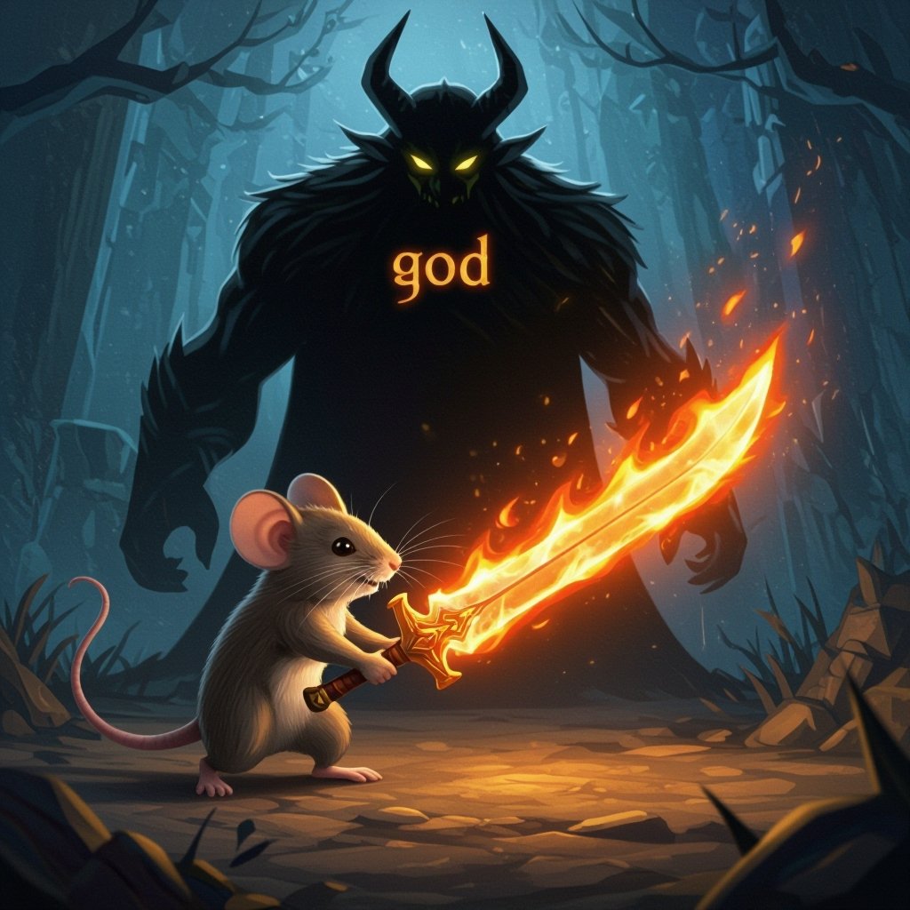 A mouse stronger than god with a 500 Billion fire sword 