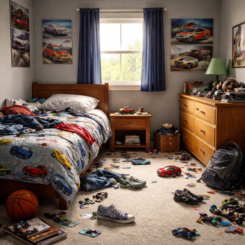A room that has a twin sized bed in the left corner of the room. The bed has sheets that have pictures a cars in them. The bed is messy. There is a wooden dresser to the right of the room. There is a small window at the center of the room. The walls are gray and the floor is a white carpet.