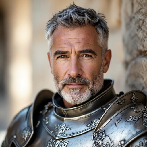 Older man, salt and pepper short hair, knight, portrait