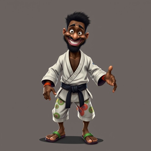 Create a character who looks like a funny African karate guy who doesn’t have a clue what he is doing. Make him have weird toes, only speedos on and a black karate belt.