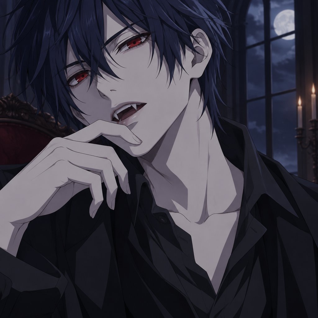 Male, thin, midnight blue hair vampire