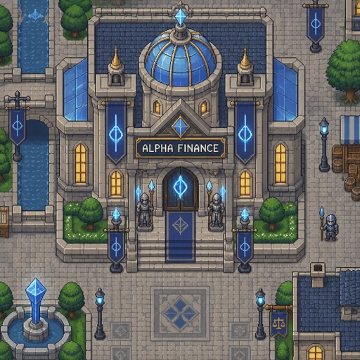 Business called alpha finance full building, for a futuristic fantasy city game, exterior, top down style