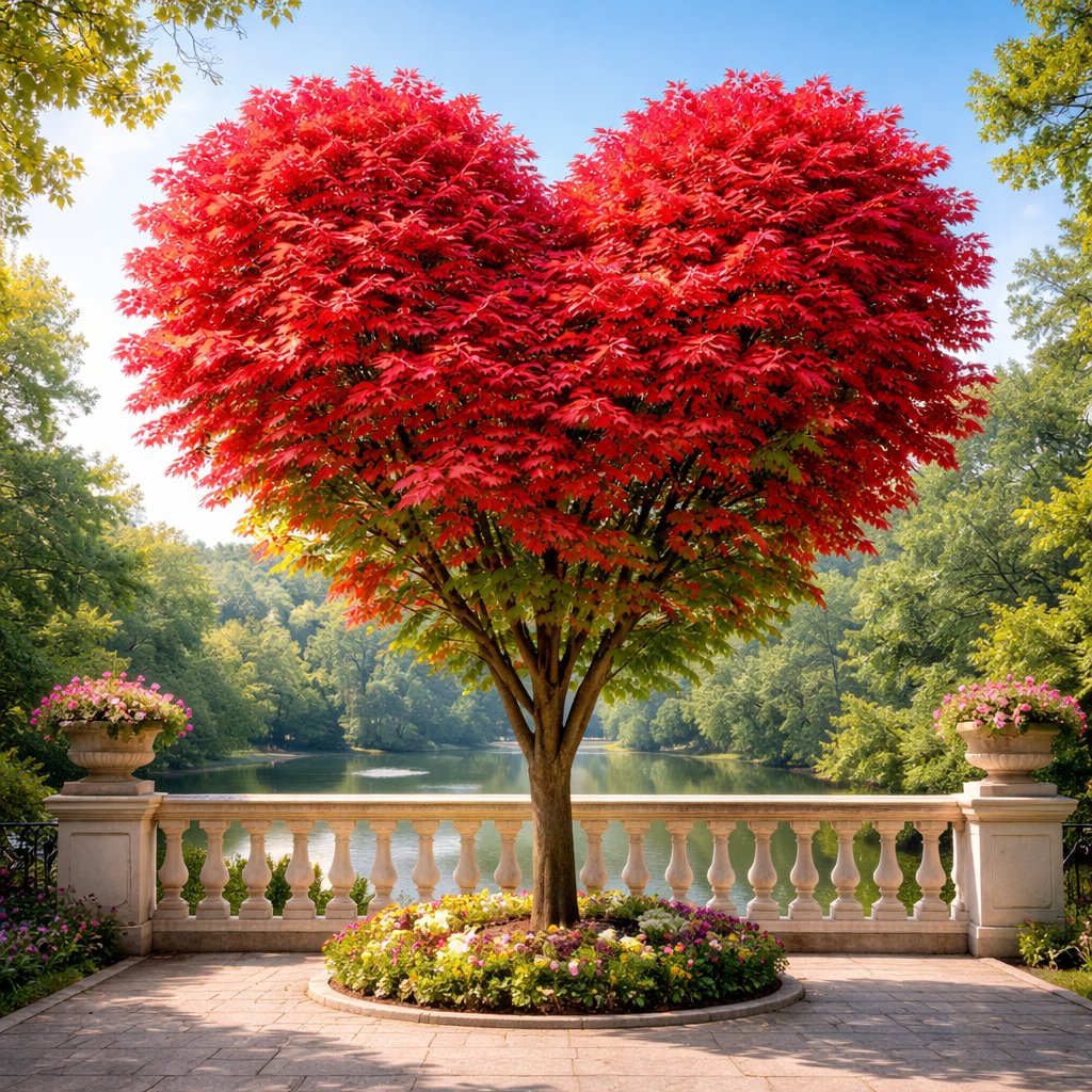 A red heart shaped tree near a balcony