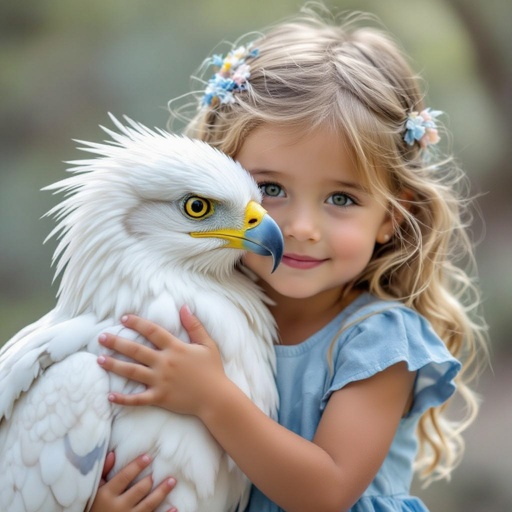 White griffin grey talons and beak curled around a small 10 year old girl blond hair in a blue dress