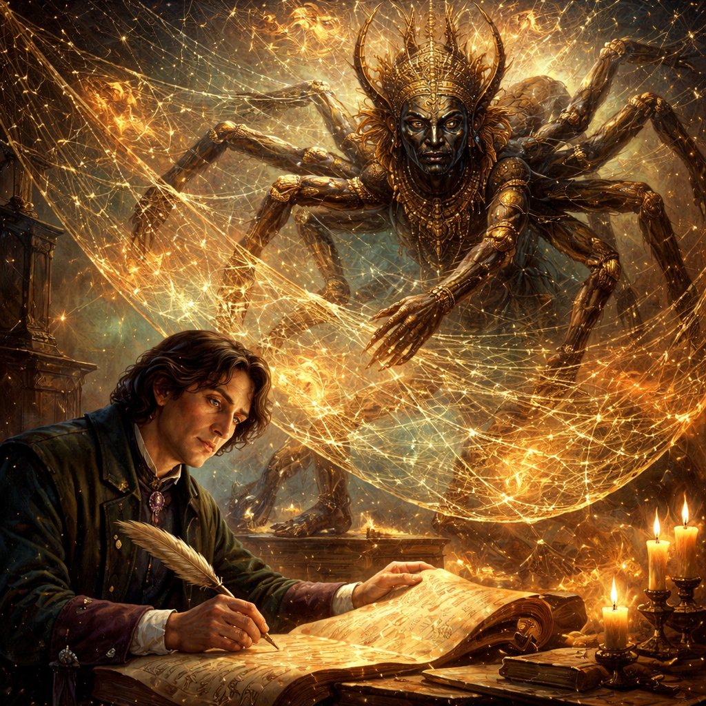 Anasi the spidergod weaving webs with Oscar Wilde taking notes on the ground under him
