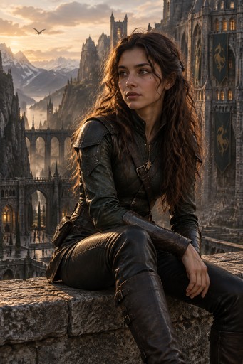 A highly realistic cinematic fantasy portrait of a 21-year-old female cadet at an ancient dragon-rider academy, captured like a still from a prestige dark fantasy film.

She has delicate but striking Mediterranean features, a light-medium olive complexion with subtle golden undertones, hazel eyes that shift between green, brown and muted gold, and a small beauty mark beneath her left eye near the outer corner. Her hair is deep mahogany brown with subtle copper-red undertones, long and naturally wavy, falling to the middle of her back. Her appearance is beautiful without looking overly polished or glamorous.

She is petite and lean, approximately 5'5", with a slender wiry build and functional strength rather than obvious musculature.

She wears a fitted dragon-rider cadet uniform made primarily from dark weathered black and deep forest-green leather. The uniform is practical and close-fitting, designed for riding and combat, with reinforced leather panels, fitted sleeves, subtle shoulder protection, narrow leather straps, antique-brass buckles, a structured high collar, fitted trousers and worn leather boots. It should resemble elegant practical leather armor rather than modern clothing. The silhouette is feminine but functional, with no revealing neckline and no excessive armor.

A small antique-gold botanical necklace rests beneath the collar of her uniform, barely visible.

She sits casually on an old stone parapet overlooking the academy grounds, relaxed but observant, her posture natural rather than posed. She is looking slightly away from the camera as though listening to someone nearby.

Behind her is an enormous gothic mountain academy built into dark stone cliffs, with towers, bridges, distant mountains and warm illuminated windows. A tiny distant dragon silhouette crosses the sky, subtle enough that it does not dominate the composition.

Golden late-afternoon light catches the edges of her hair and leather armor. The atmosphere is quiet, intelligent, intros