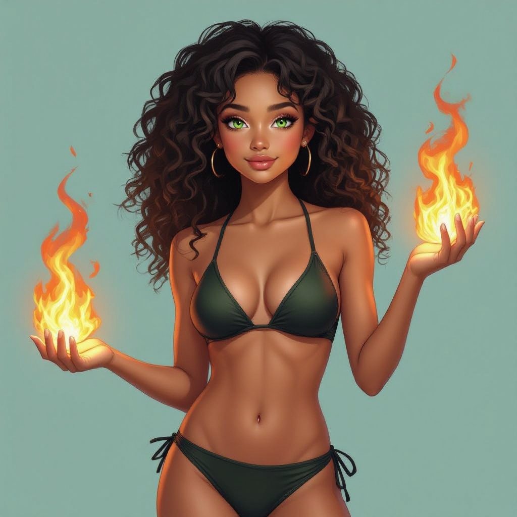 Teenage girl brown skin black curly hair green eyes fire powers in swim suit full body pic