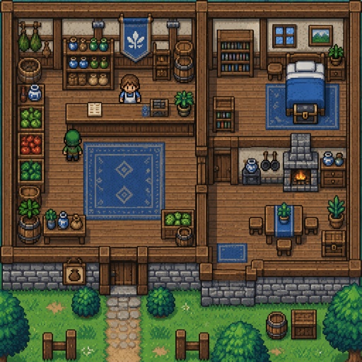 Village market house with an attached house for a modern fantasy game, interior, top down style