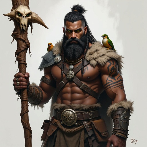Kael the Beastbound – A rugged, broad-shouldered man with black skin and a rough beard, wearing armor made from bone and leather. deep green eyes tattoos of animal tracks spiral down his arms. He carries a massive wooden staff carved with the shapes of beasts, and small creatures often perch on his shoulders or follow at his feet.