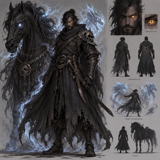 dark abyss assassin, dragon eye, large horse companion, spirit summoning abilities, black hair, beard
