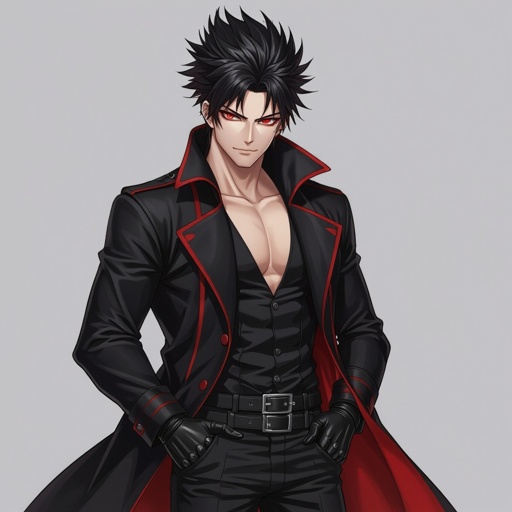 Please create a man, crimson red piercing eyes, sharp smirk, black hair in a mullet like hair style. Strong cheekbones but not too strong. Muscles but not too strong, wears a black coat with crimson accents and black leather gloves, let us please see the entire body