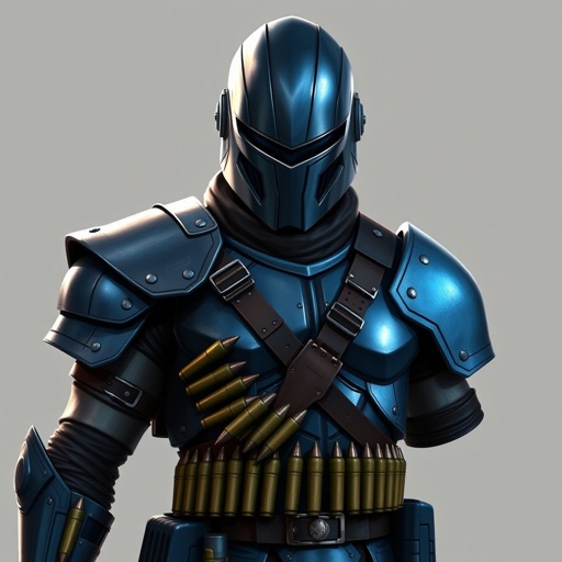 Man in metal blue military armor with amo strapped on his waist a cool shoulder pad leather strap across his chest and a really cool helmet that shows nothing of his face