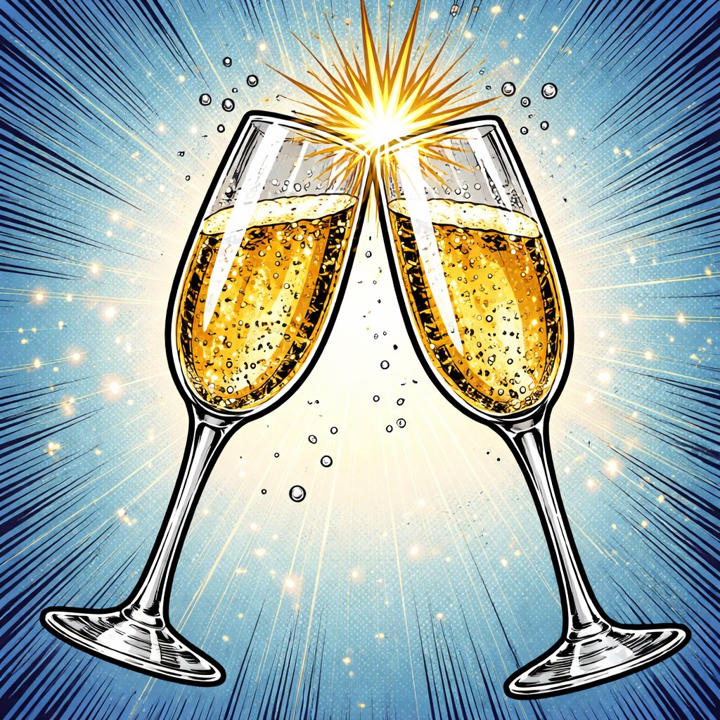 Realistic, refined. two champagne glasses are clinging we see the full glasses. There are no hands. There are no speech bubbles.