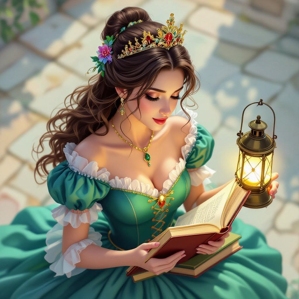 top view, battle map view, aerial view, woman, fancy dress, crown, holding a lantern, holding books, looking down, no background, stop looking up, top view, view of the top of her head, carrying books, looking down; zoomed out