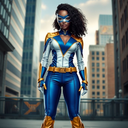 A teenage African American female with shoulder length curly hair  in a side part style superhero  wearing a  DOMINO MASK and a professionally made slightly armored white and blue suit with blue pants gold accents and a stylized V as her chest emblem a utility belt and gold boots