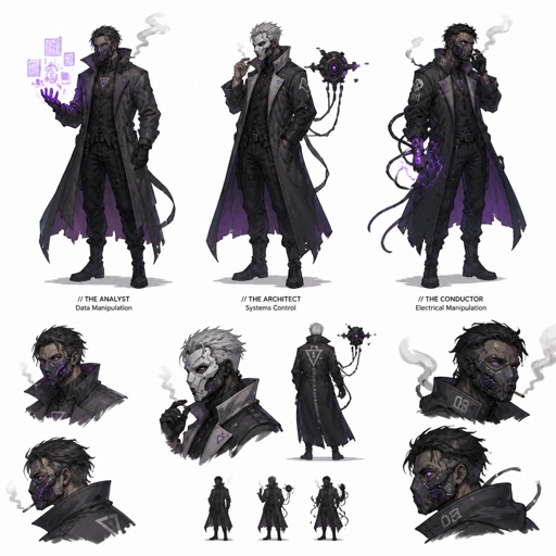 Male Villain with technology abilities, smoker, mask, multiple of the same character