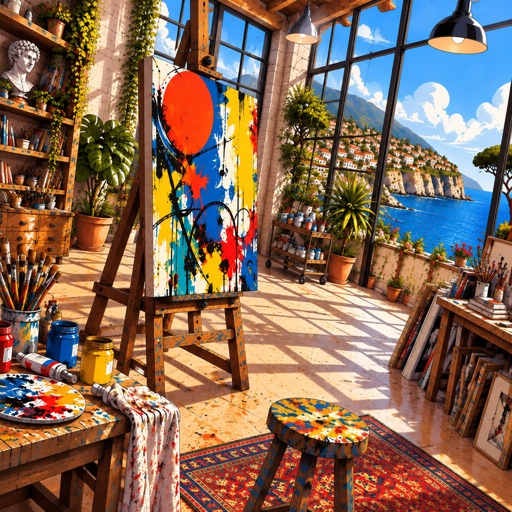 an artist's studio with a painting on the easel