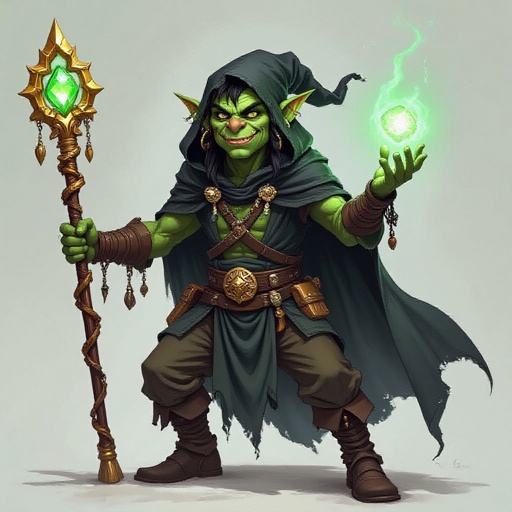 Realistic fantasy comic-book-style art. A thin and tall, but slouching orc/goblin, a thin face, with greenish-grey skin, black hair, nose ring piercings, he wears a tattered black hood and cape. He is a dark magician/sorcerer, although very amateur. He carries odd trinkets and things that may be used for magic or spells in his belt pouches. He wields a long straight golden staff, that goes above his head, and at the tip of this staff is a bright green emerald, encircled by a ring of gold. He is posing, unique to his character, about to cast a spell, he is a trickster, smiling.