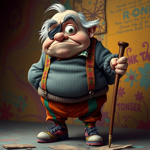 Create a grouchy funny old character who has 1 eye patched. Make him fat with a cane. Show his whole character head to toe including shoes 