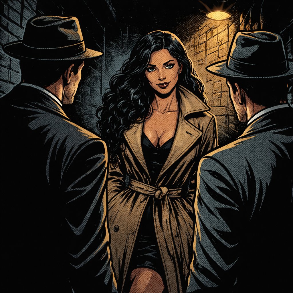 Refined. Realistic. Two gangster types very well dressed we see them only from the back or speaking to a woman with long black hair in a trenchcoat she’s very mysterious and beautiful. The scene is dark.