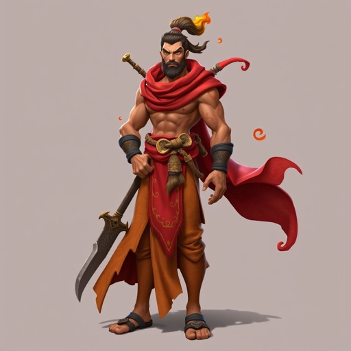 Create handsome guy name Rhen the Fire – A lean, muscular man. He wears layered, flowing desert robes dyed in warm reds and golds, with scorch marks where flames have licked them. A curved blade hangs at his hip. Show whole body head to toe including her shoes.