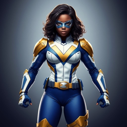 A teenage African American female with shoulder length curly hair  in a side part style superhero  wearing a  DOMINO MASK and a professionally made slightly armored white and blue suit with blue pants gold accents and a stylized V as her chest emblem a utility belt and gold boots