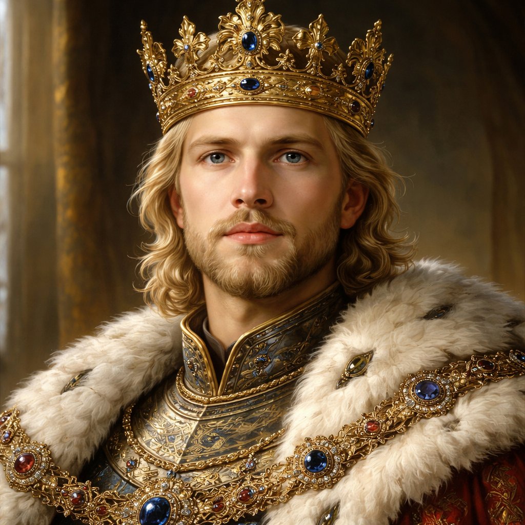 A 30 year old king who has light blonde hair and blue eyes. He is wearing a big golden crown.