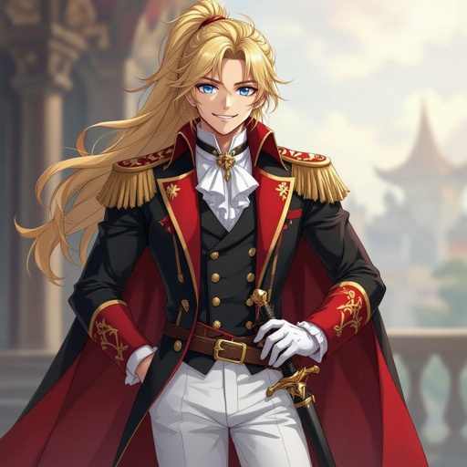 A Prince, Blonde ponytail, blue eyes, red and gold regalia, delete crown, sword at his hip, happy smile, late twenties for age, white gloves, black knee-high boots, Double-breasted suit, White trousers, manly, strong jaw, red, black and gold clothes