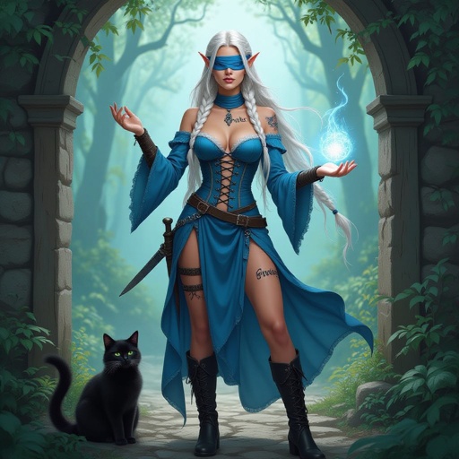 She is an Elvin wizard age 19. She is tan She is 5’6 and She has platinum hair that is long with some small braids with her flowing hair .She had a blue blind fold covering her eyes. She has scars on her face and neck. As well as the word freak carved into her chest the word is a small scar. She is wearing a blue dress to match the blind fold. The dress has two leg slits and is a corset she has flowy sleeves that cover her arms completely.  Her left leg has a knife holder with a knife in it strapped to her leg. With her hand she is casting a small light ball. She has a large black cat by her feet. She is wearing boots to match the black corset. She is standing in the woods. The trees making an arch way behind her.
