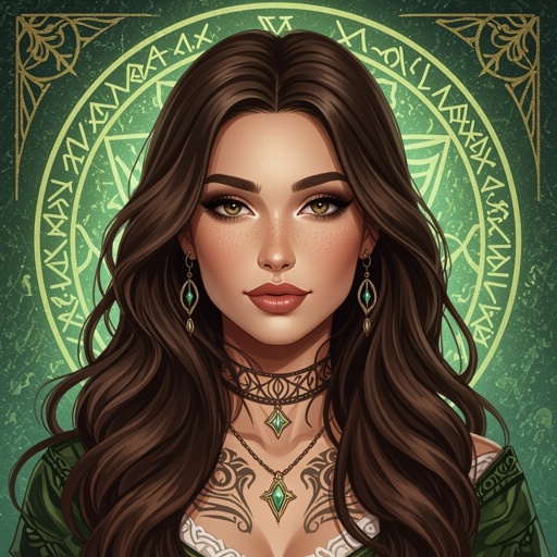 Kobieta człowiek. Brązowe długie włosy, okrągła twarz, brązowe oczy, pełne usta, delikatny makijaż, tatuaże. Pyzata twarz. Tarot