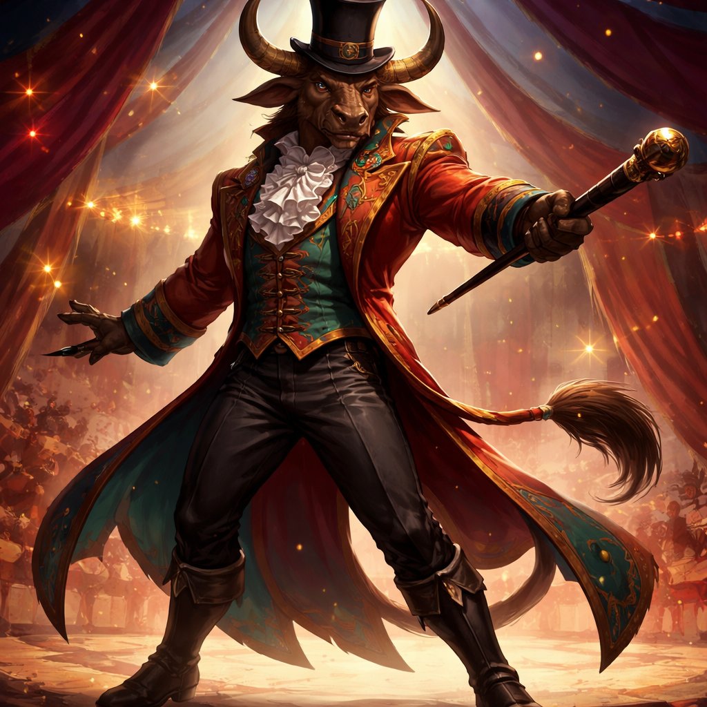 A 6 1/2 foot tall, well~proportioned Minoan male Minotaur with a humanoid-Cretan bull smooched face with deep set bovine brown eyes, long forward-curving horns like his fathers and a bovine tail. His skin and fur being a captivating earthy umber color. He works at freak show as the ringmaster. His outfit consists of a crimson and teal tailcoat, frilly shirt, stunning muted copper blazer, black pants and top hat. His abilities are Reality Rejection, Time Manipulation (Chronokineses), Zoolingualism (Language of Cattle only), Human Speech. His mother is a Minoan with some animal (Aurochs Cattle) physiology and his father is the Cretan Bull.