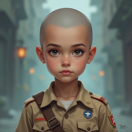 Młody chłopak przeciętny pod każdym względem. Ciemne oczy. Łysy. 
Ubrany w mundur harcerski
