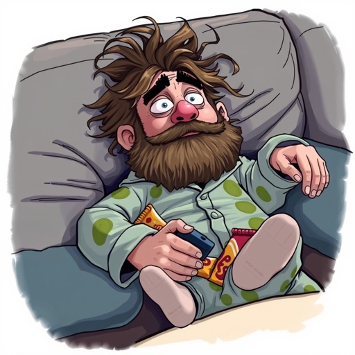 Create a adult humor character who is lazy as heck. And you could tell from his face and his entire outfit. Make is funny and the style of the graphic photographic 
