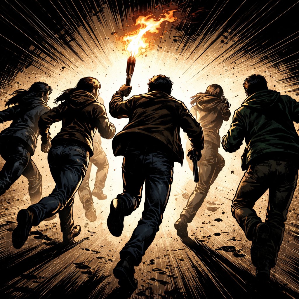 Realistic, refined, no caricature from the back we see a group of men and women when is holding a torch another a firearm and look like they’re running away. It is very dark.
